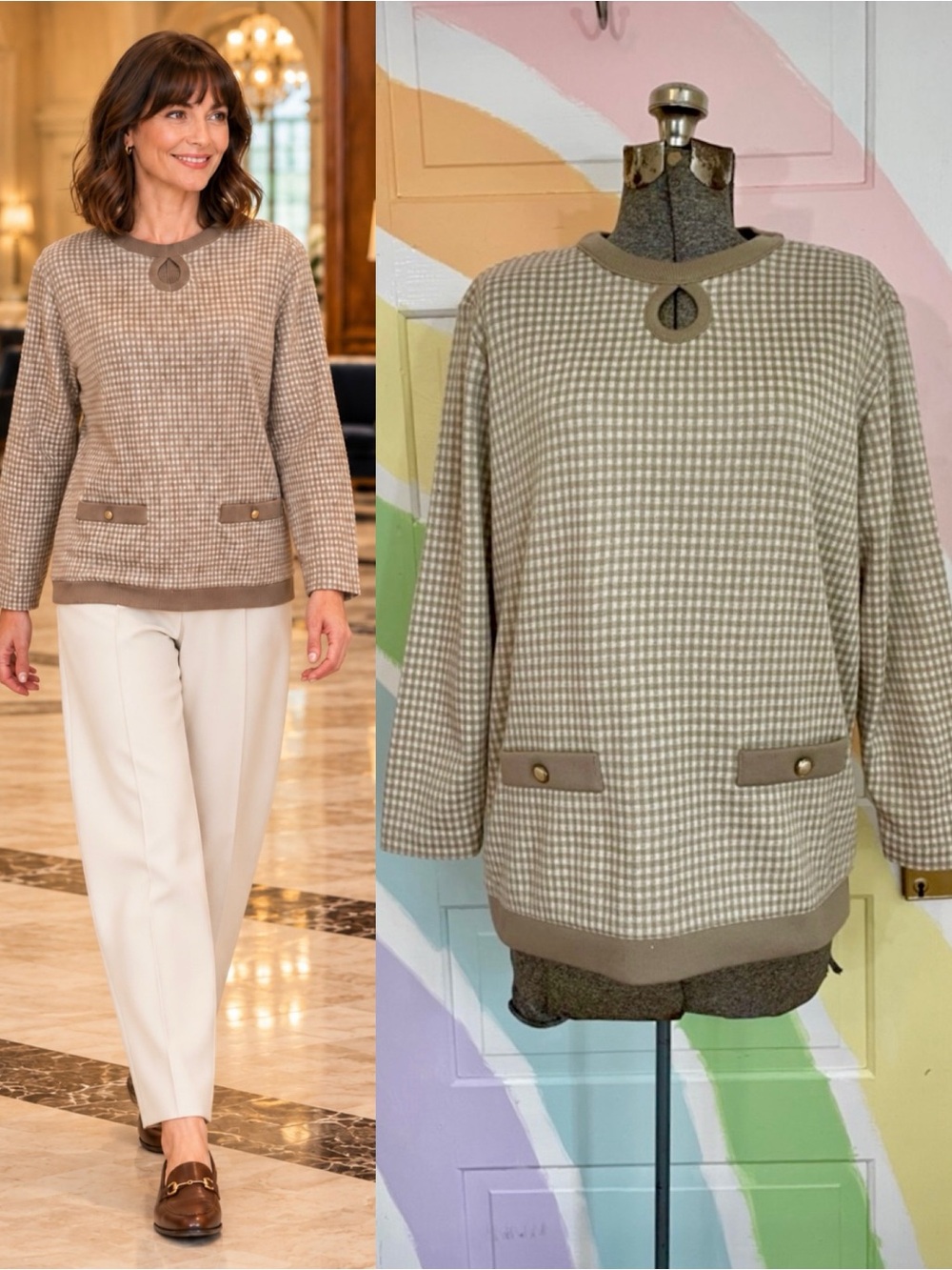 Vintage Cricket Lane Quiet Luxury Keyhole Sweater Gold Pocket Detail Sz S 💚🎀